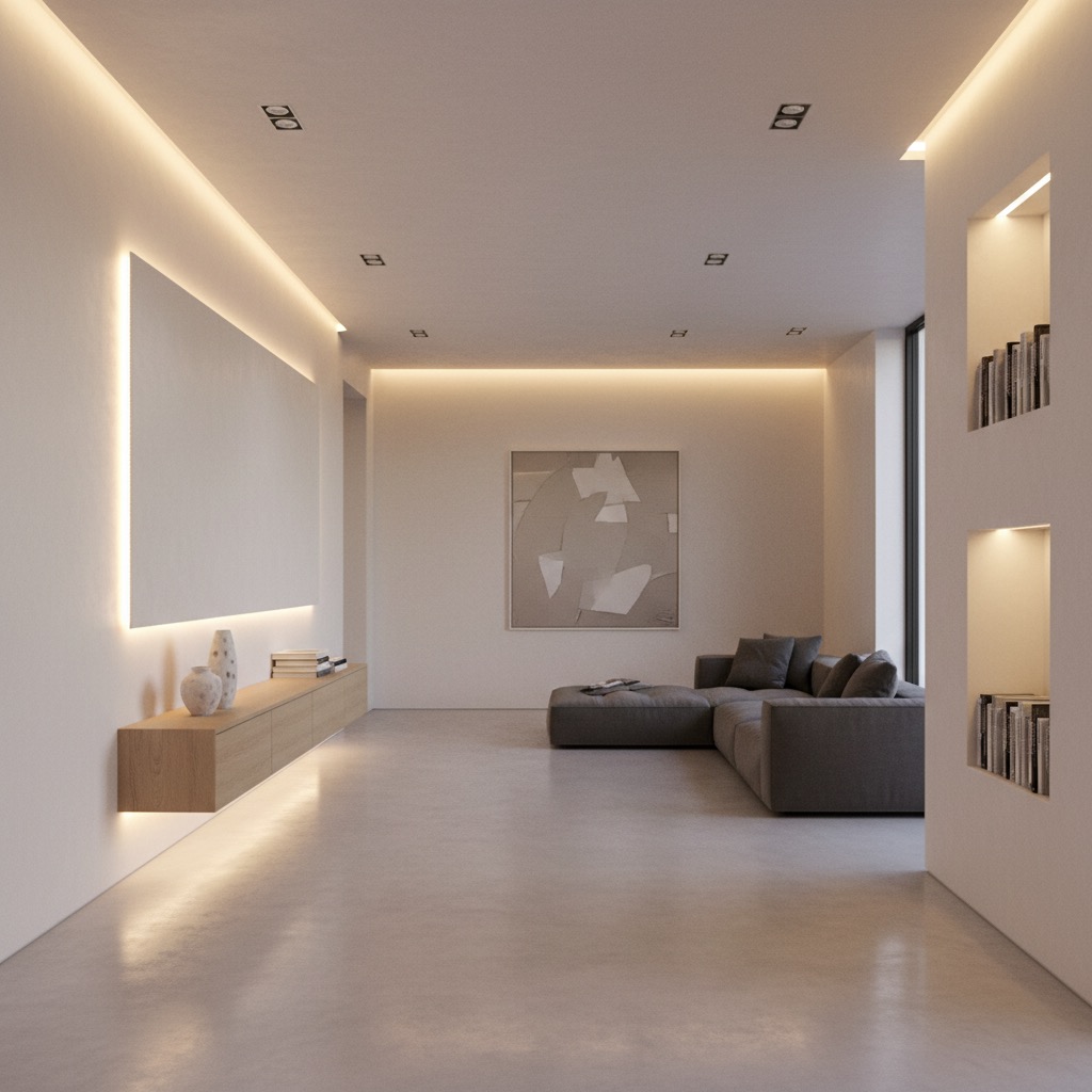 Gizli aydınlatmalarla vurgulanan minimalist oturma odasında gri bir köşe koltuğu, ahşap bir TV ünitesi ve duvara gömülü kitaplıklar yer alıyor.